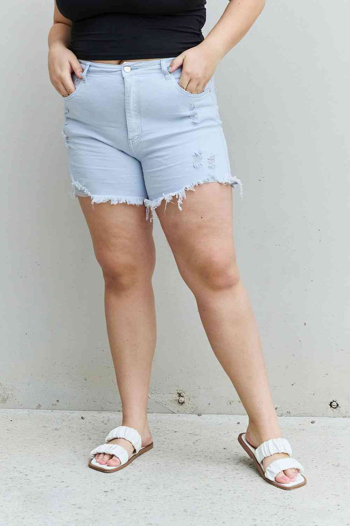 RISEN Katie Full Size High Waisted Distressed Shorts in Ice Blue | 1mrk.com