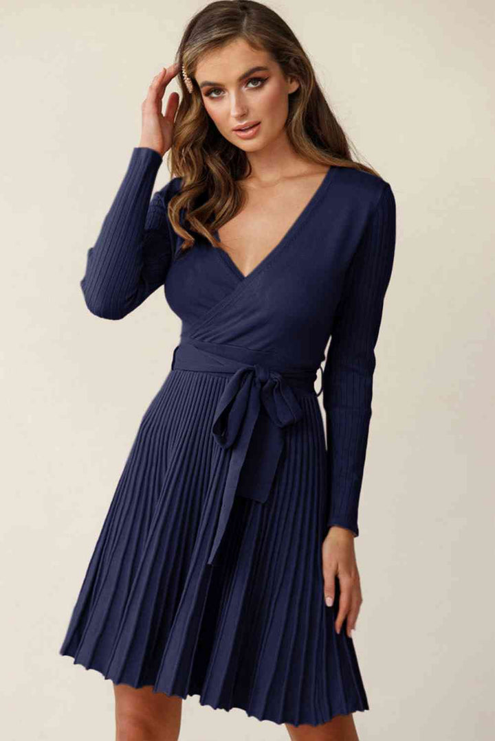 Surplice Neck Tie Waist Pleated Dress |1mrk.com