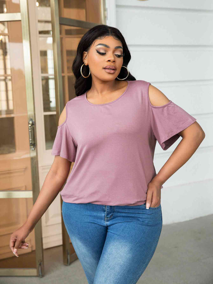 Plus Size Cold-Shoulder Round Neck Curved Hem Tee | 1mrk.com