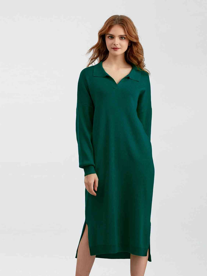 Johnny Collar Long Sleeve Slit Sweater Dress |1mrk.com