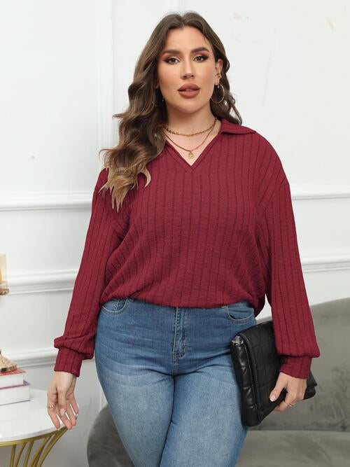 Plus Size Ribbed Collared Neck Long Sleeve Blouse | 1mrk.com