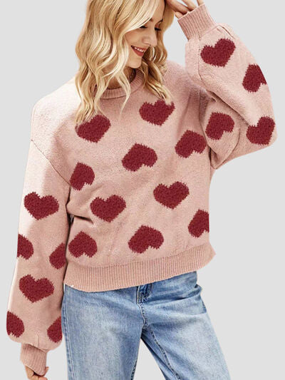 Heart Round Neck Dropped Shoulder Sweater | Trendsi