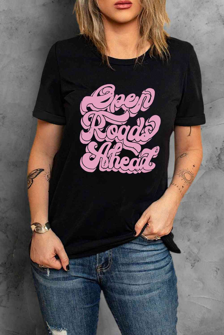 Round Neck Short Sleeve OPEN ROADS AHEAD Graphic Tee | 1mrk.com