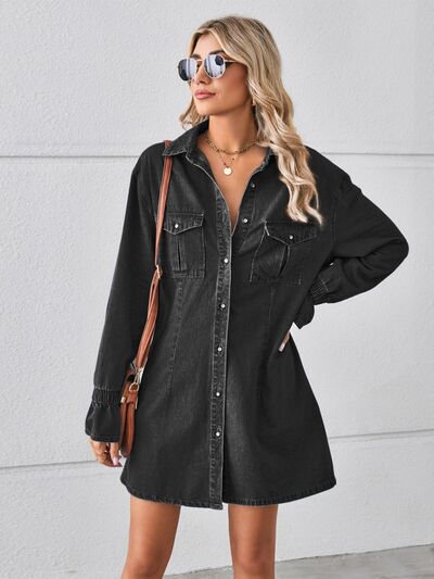 Pocketed Dropped Shoulder Mini Denim Dress |1mrk.com