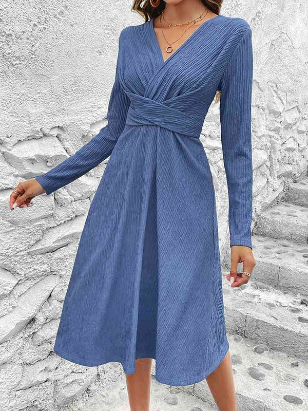 Crisscross Surplice Neck Long Sleeve Dress |1mrk.com