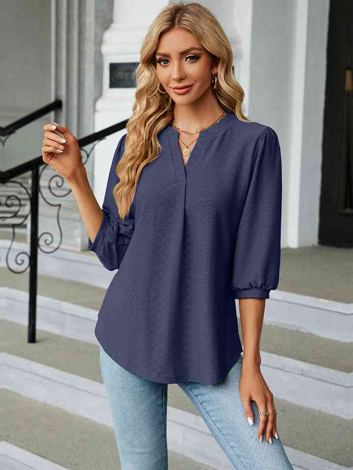 Notched Neck Three-Quarter Sleeve Blouse | 1mrk.com