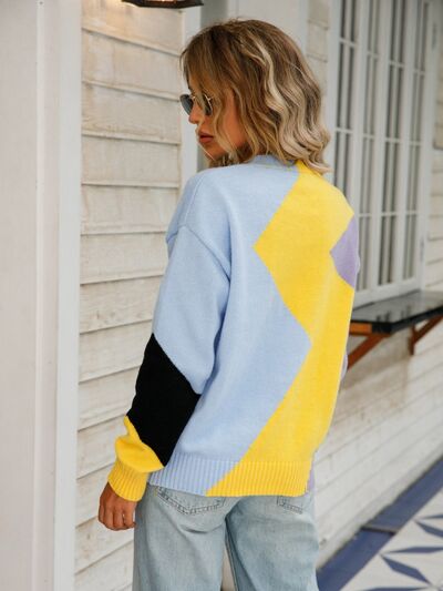 Color Block Round Neck Dropped Shoulder Sweater |1mrk.com