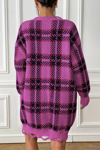 Plaid V-Neck Long Sleeve Sweater Dress | 1mrk.com