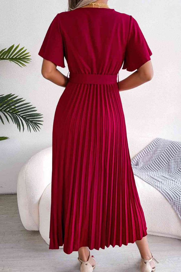 Pleated Flutter Sleeve Belted Dress | 1mrk.com