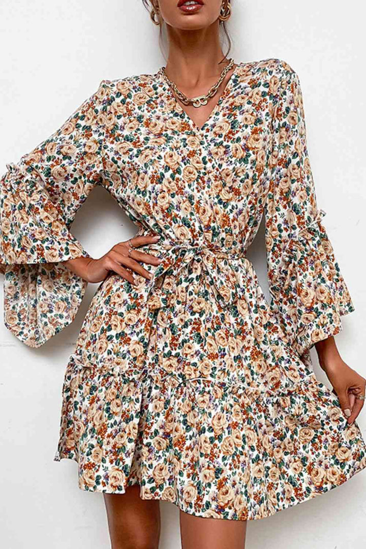 Floral Belted Flare Sleeve V-Neck Dress |1mrk.com