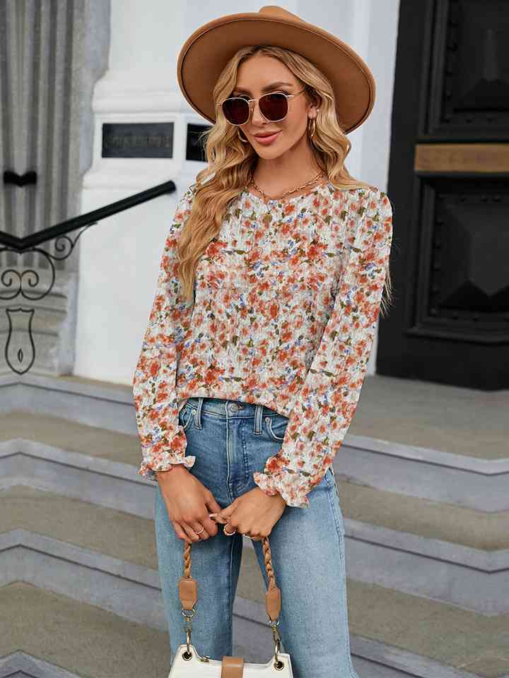 Printed Round Neck Flounce Sleeve Blouse | 1mrk.com