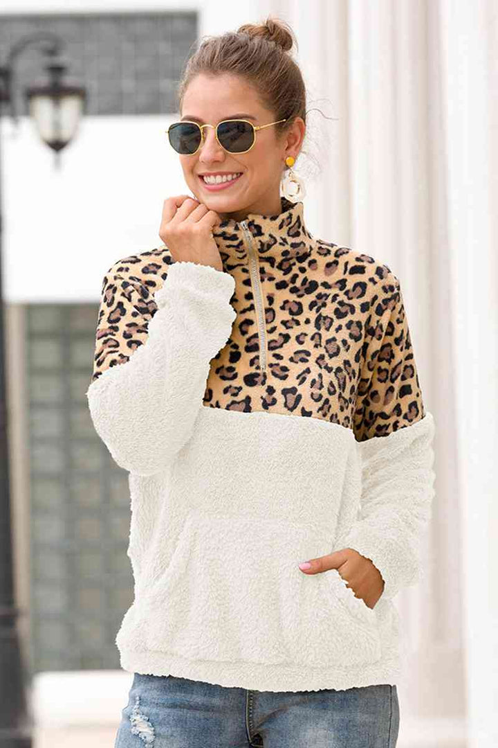 Leopard Zip-Up Turtle Neck Dropped Shoulder Sweatshirt |1mrk.com