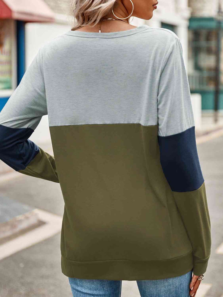 Color Block Cutout Round Neck Long Sleeve T-Shirt | 1mrk.com