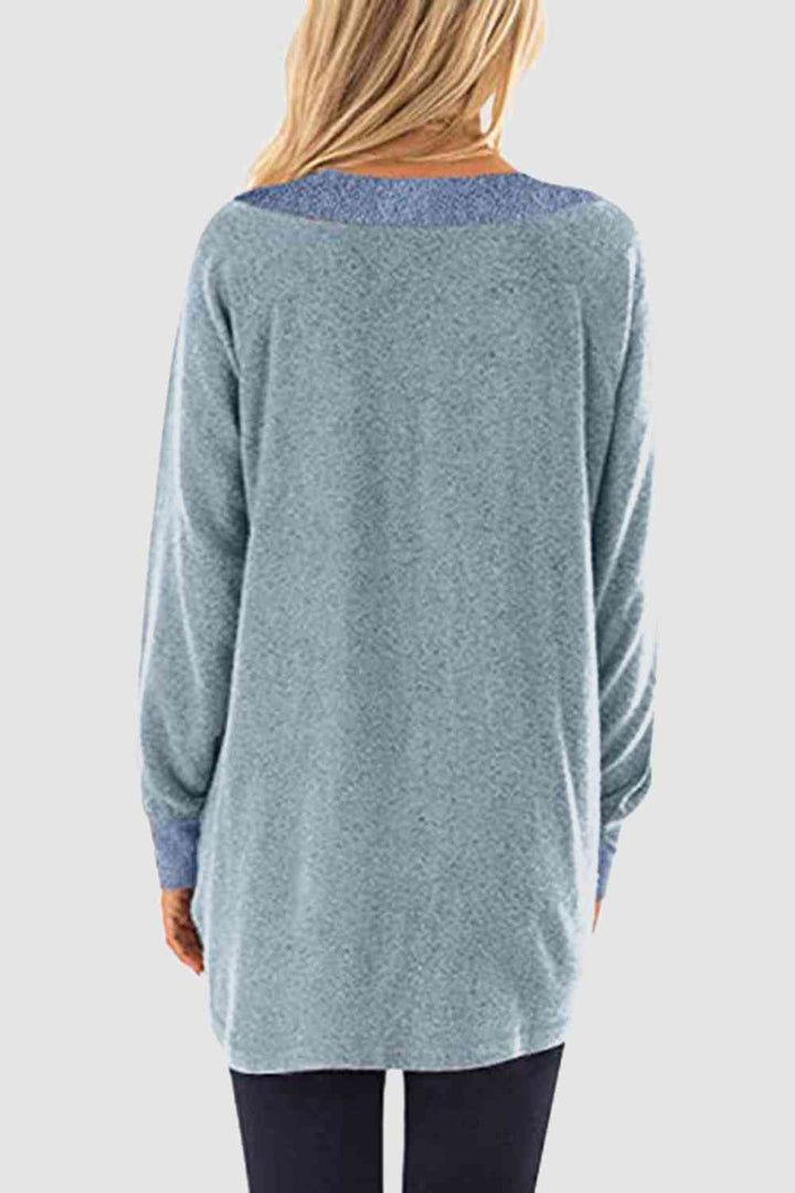 V-Neck Long Sleeve Sweatshirt with Pockets |1mrk.com