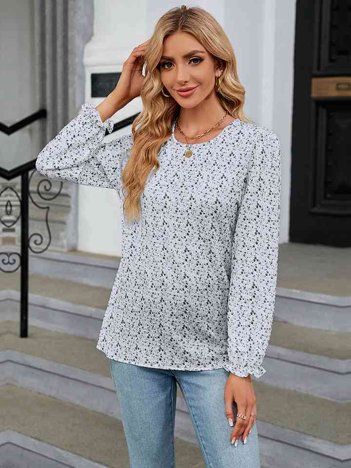 Printed Round Neck Flounce Sleeve Blouse | 1mrk.com