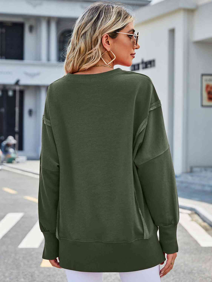 Exposed Seam High-Low Round Neck Sweatshirt |1mrk.com