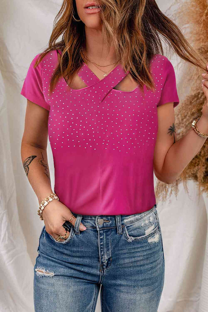 Rhinestone Crisscross Short Sleeve Top | 1mrk.com