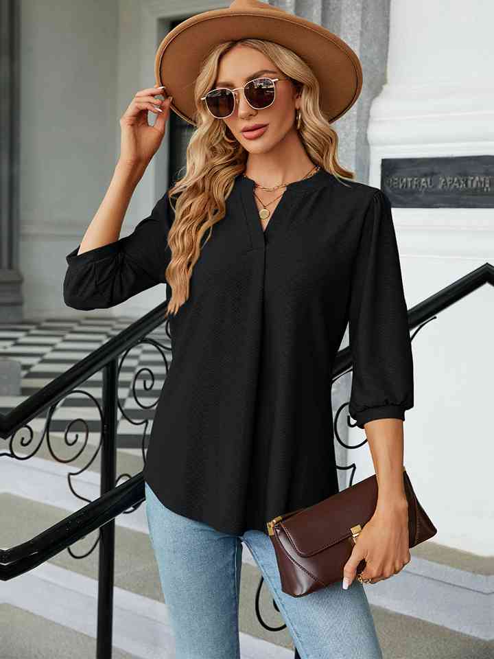 Notched Neck Three-Quarter Sleeve Blouse | 1mrk.com