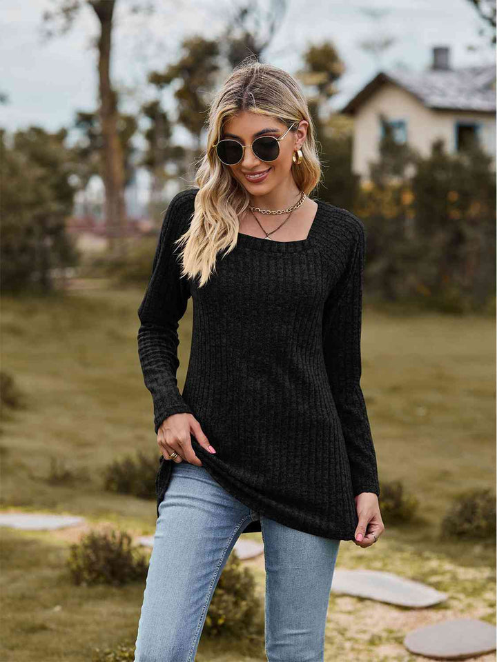 Full Size Ribbed Square Neck Long Sleeve T-Shirt | 1mrk.com