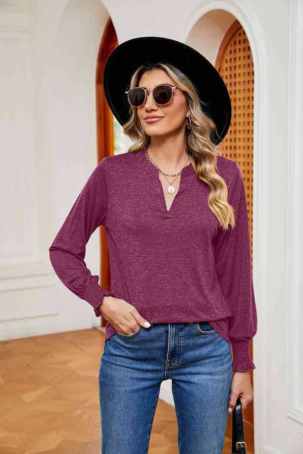 Notched Neck Long Sleeve Blouse | 1mrk.com