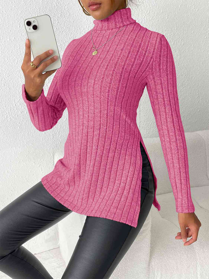 Ribbed Turtleneck Long Sleeve Slit T-Shirt | 1mrk.com