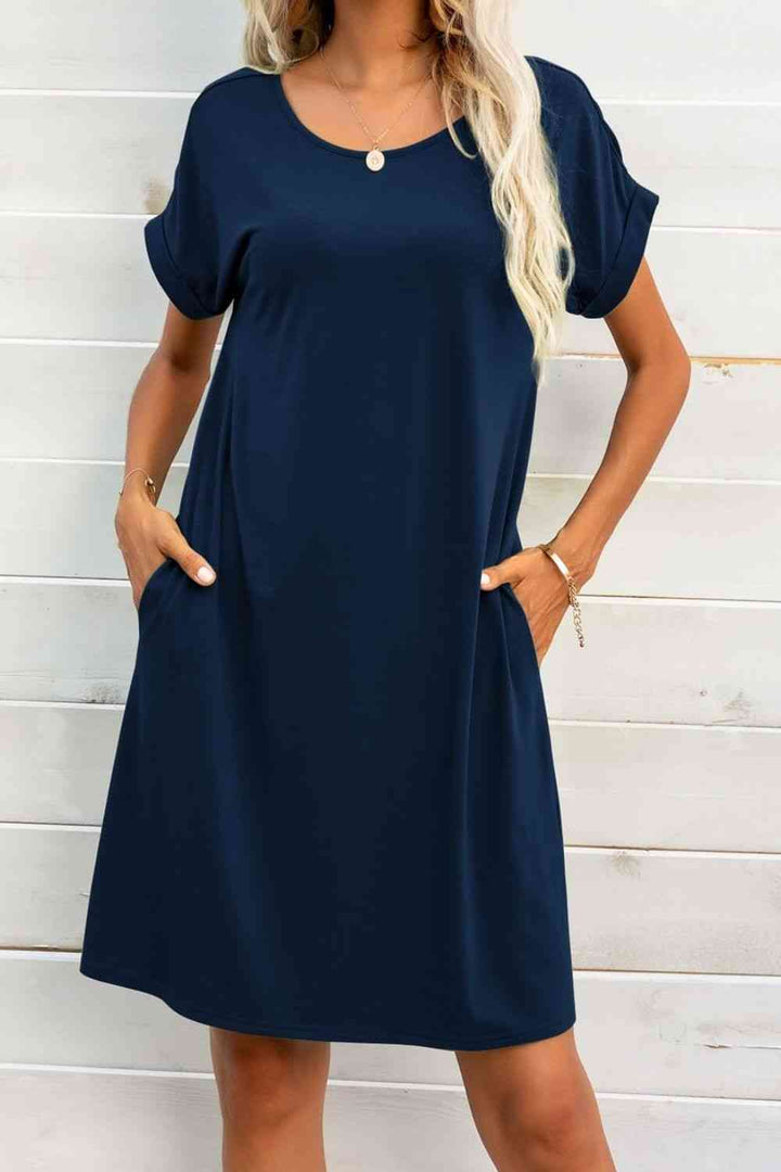 Scoop Neck Short Sleeve Pocket Dress |1mrk.com