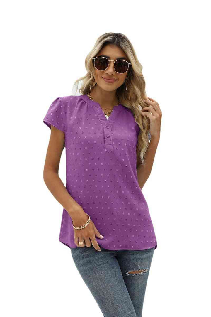 Swiss Dot Notched Neck Short Sleeve Top | 1mrk.com