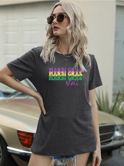 Full Size MARDI GRAS Y'ALL Round Neck T-Shirt | Trendsi