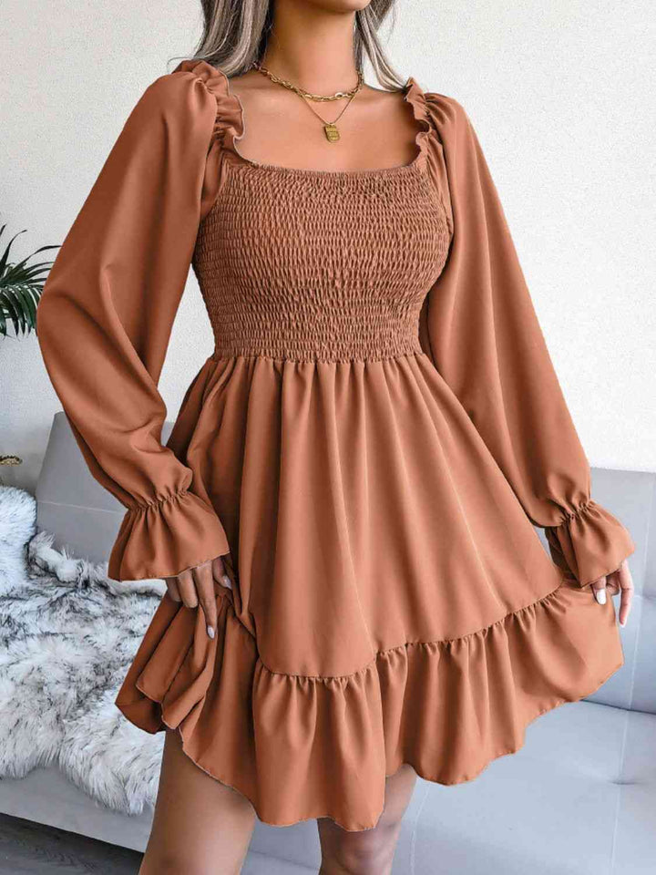 Smocked Flounce Sleeve Square Neck Dress |1mrk.com