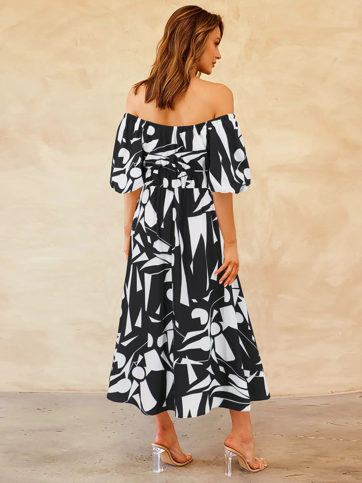 Printed Off-Shoulder Balloon Sleeve Dress | Trendsi