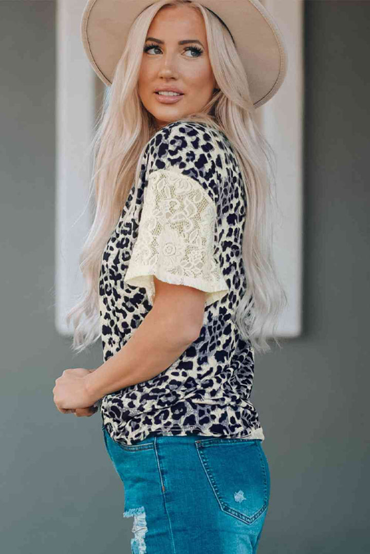 Leopard Print Lace Sleeve Round Neck Tee | 1mrk.com