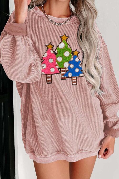 Christmas Tree Round Neck Drop Shoulder Sweatshirt |1mrk.com