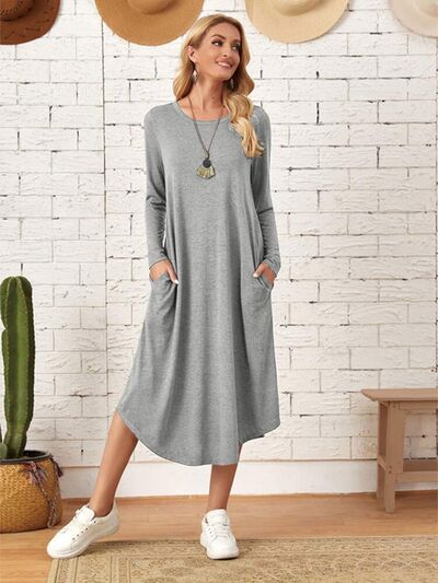 Pocketed Round Neck Long Sleeve Tee Dress | Trendsi