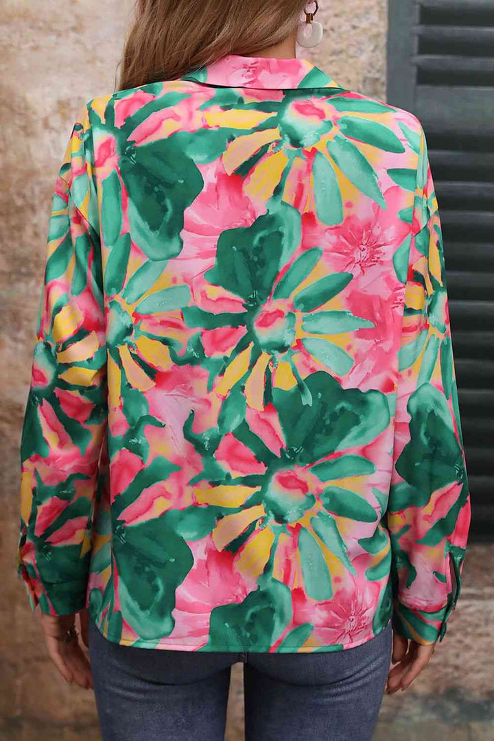 Floral Print Collared Neck Long Sleeve Shirt |1mrk.com
