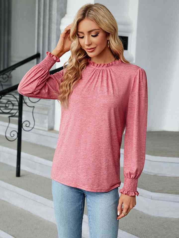 Round Neck Flounce Sleeve Blouse | 1mrk.com