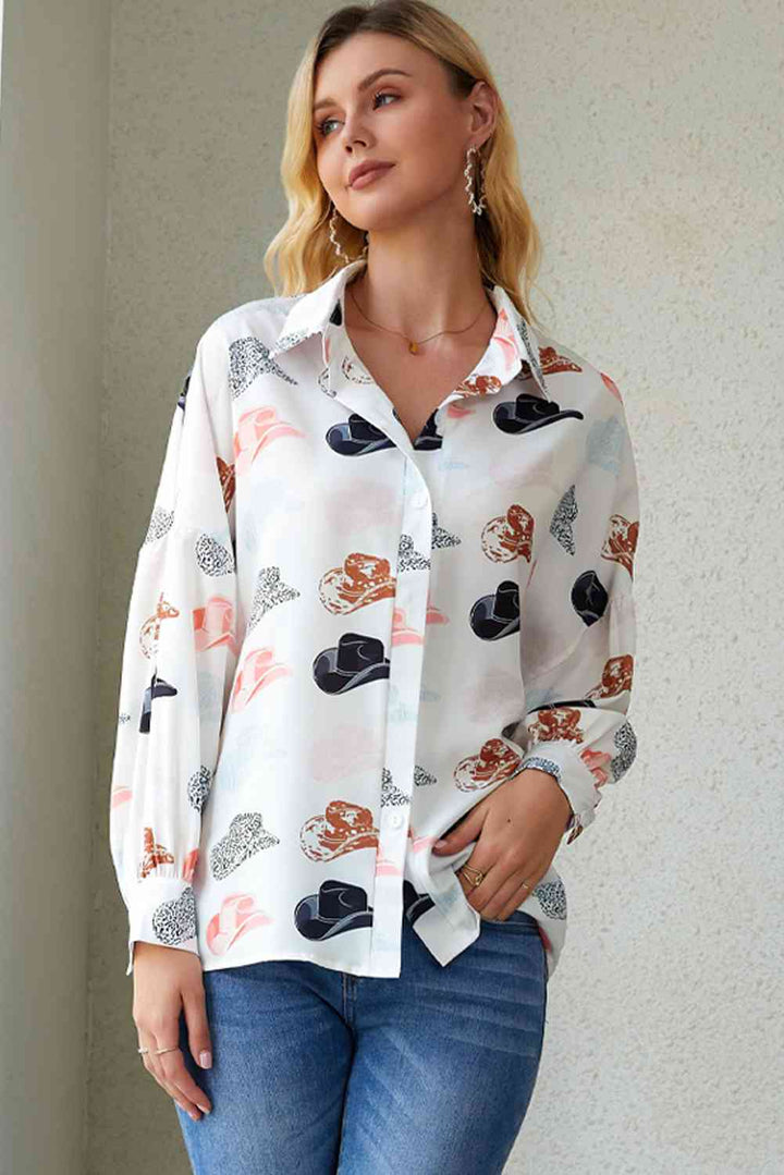 Hat Print Collared Neck Long Sleeve Shirt |1mrk.com