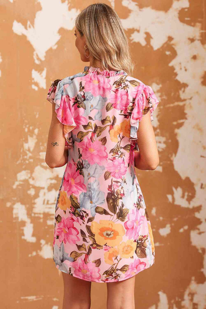 Floral Tie Neck Flutter Sleeve Dress |1mrk.com