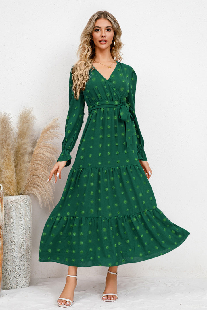 Swiss Dot Tied Surplice Flounce Sleeve Dress | Trendsi