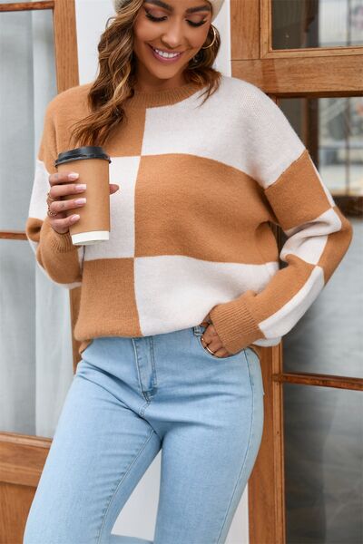 Color Block Round Neck Dropped Shoulder Sweater | Trendsi