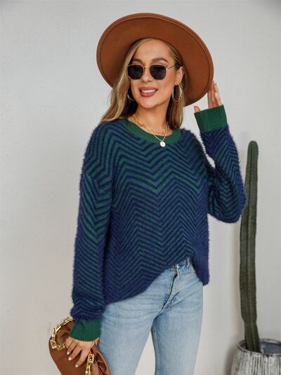 Striped Round Neck Dropped Shoulder Sweater |1mrk.com