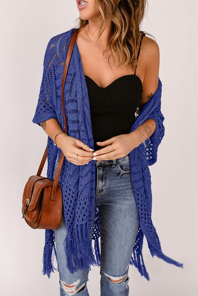 Openwork Open Front Cardigan with Fringes | Trendsi