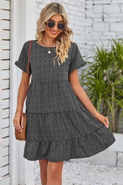 Polka Dot Round Neck Tiered Dress |1mrk.com