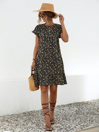 Frill Floral Round Neck Short Sleeve Tiered Dress |1mrk.com