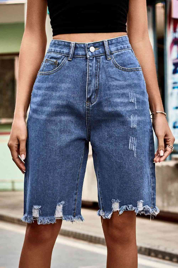 Raw Hem High Waist Denim Shorts with Pockets | 1mrk.com