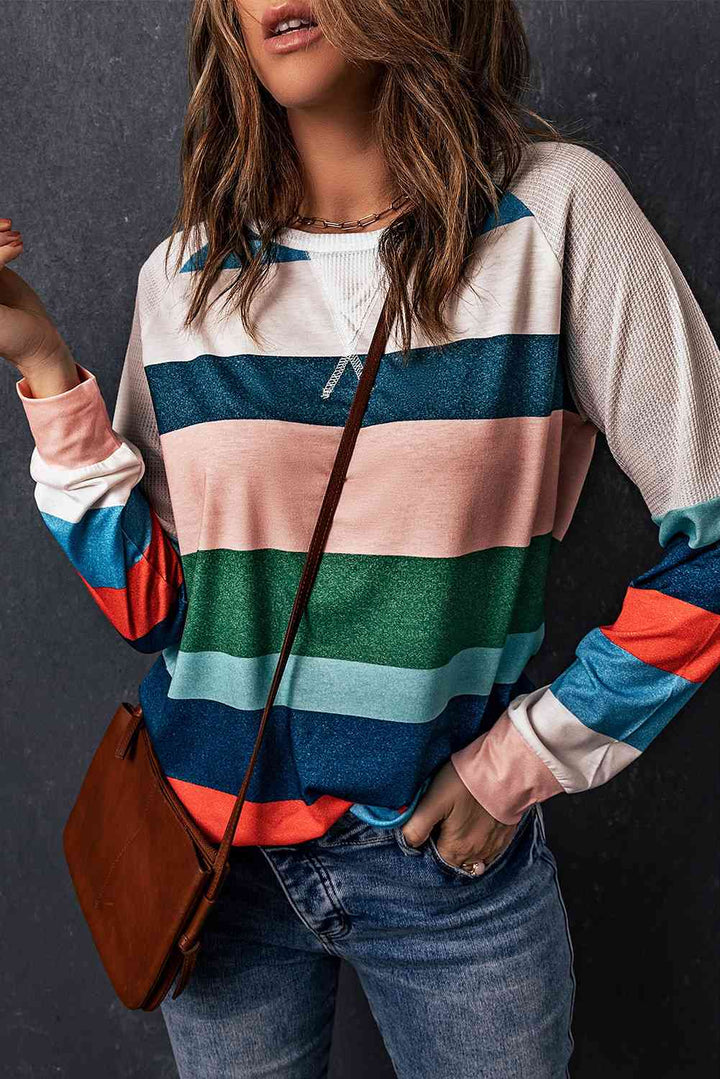 Striped Raglan Sleeve Round Neck Tee | 1mrk.com