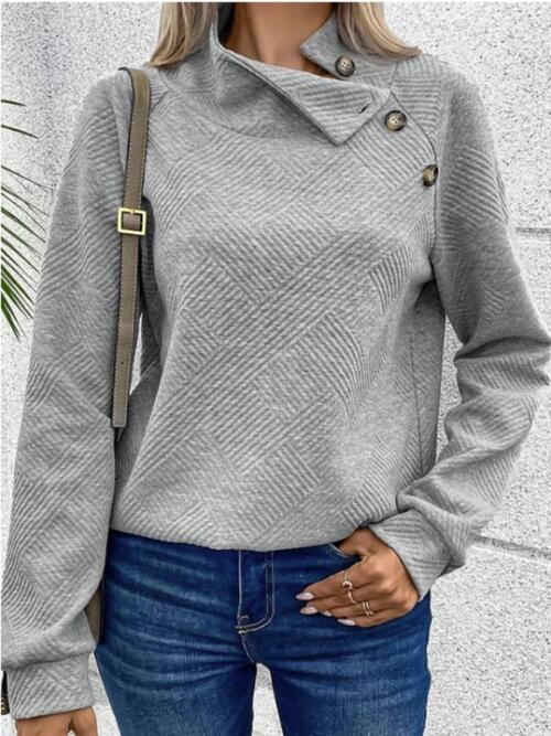 Buttoned Mock Neck Long Sleeve Sweatshirt |1mrk.com