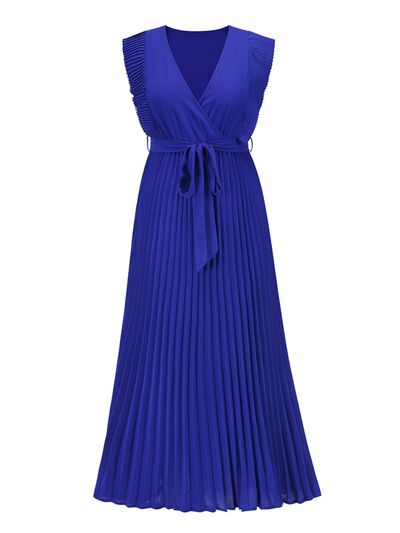 Tied Surplice Cap Sleeve Pleated Dress |1mrk.com