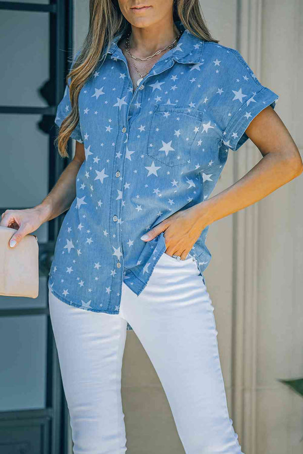 Star Print Button-Up Cuffed Short Sleeve Shirt |1mrk.com