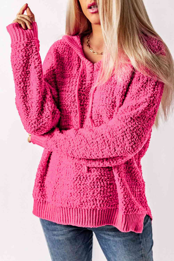 Popcorn Knit Slit Hooded Sweater |1mrk.com
