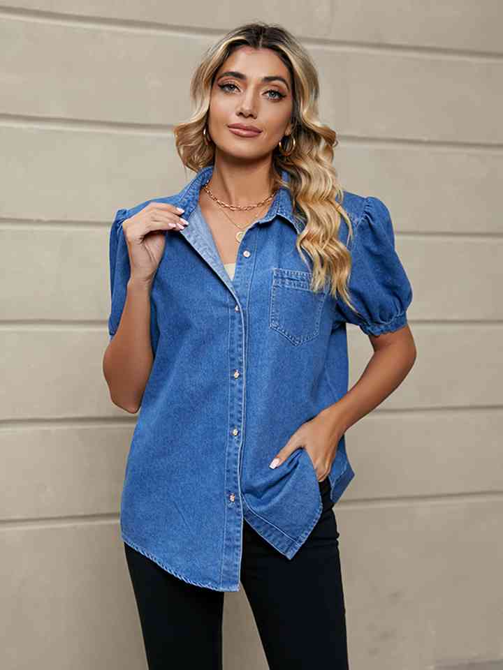 Short Puff Sleeve Denim Shirt Jacket | 1mrk.com